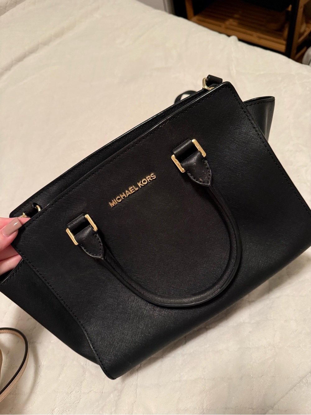 Michael Kors Black Leather Saffiano Satchel with Gold Accents